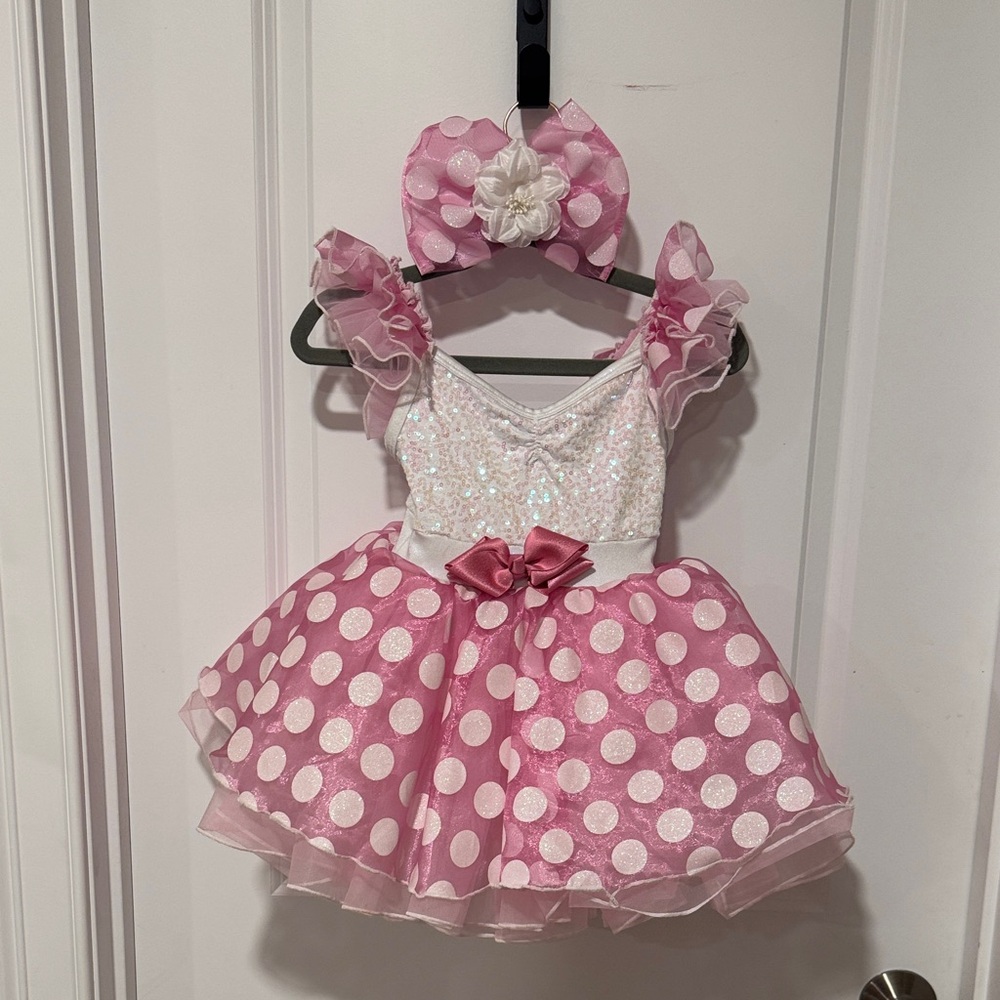 Charming Pink Polka Dot Kids Dance Costume with clip Bow